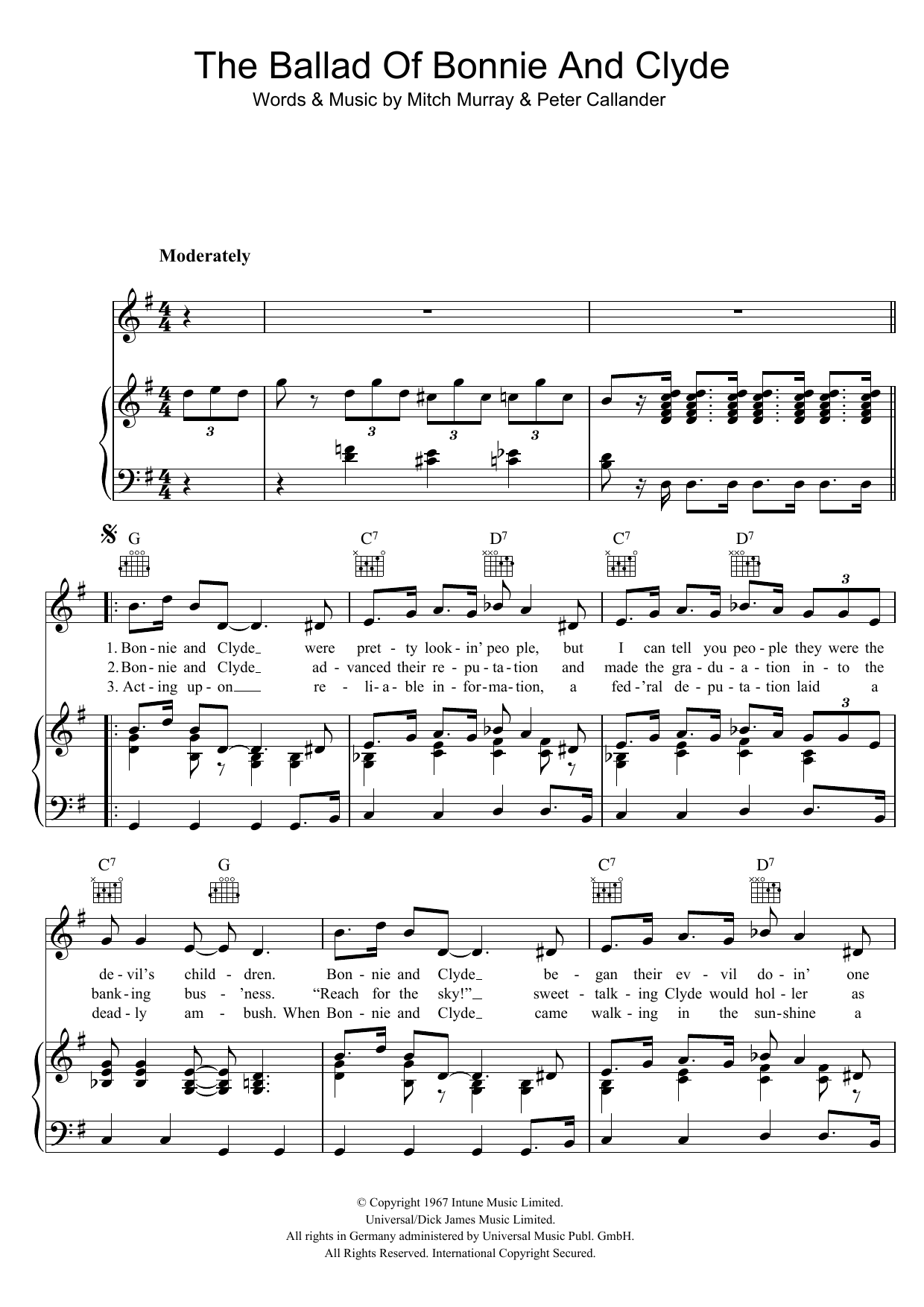 Georgie Fame The Ballad Of Bonnie And Clyde Sheet Music Notes & Chords for Piano, Vocal & Guitar (Right-Hand Melody) - Download or Print PDF