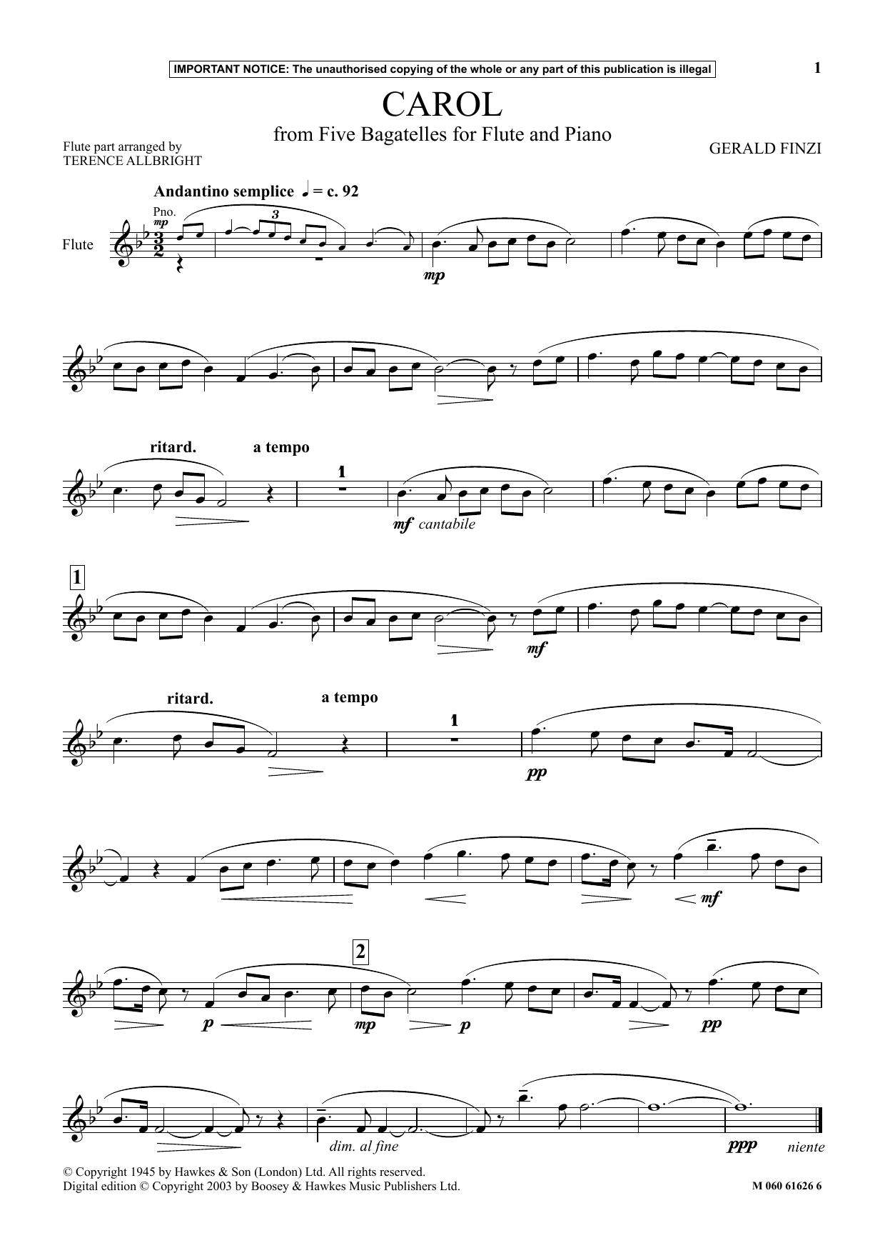 Gerald Finzi Carol (from Five Bagatelles For Flute And Piano) Sheet Music Notes & Chords for Instrumental Solo - Download or Print PDF
