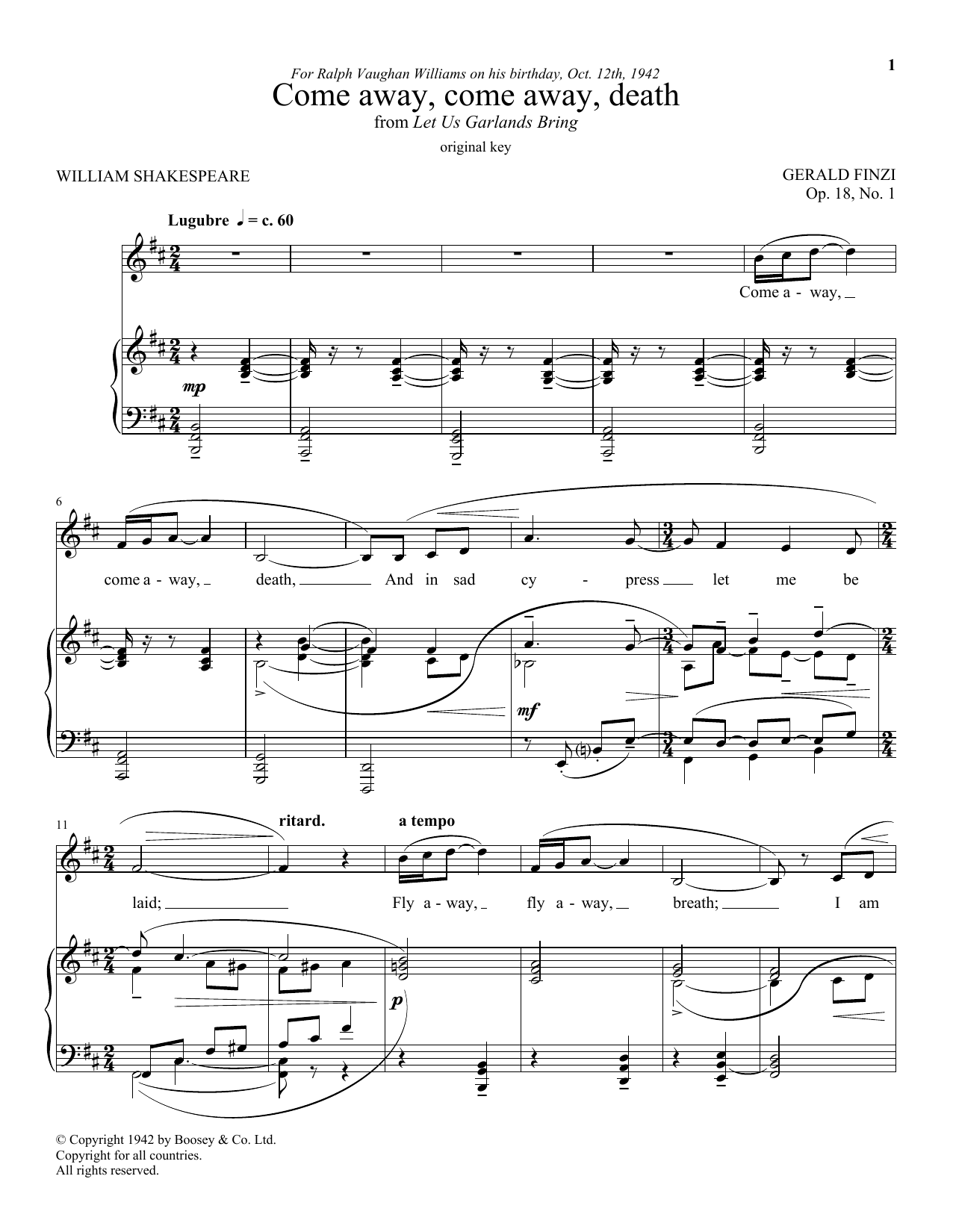 Gerald Finzi Come Away, Come Away Death Sheet Music Notes & Chords for Piano & Vocal - Download or Print PDF