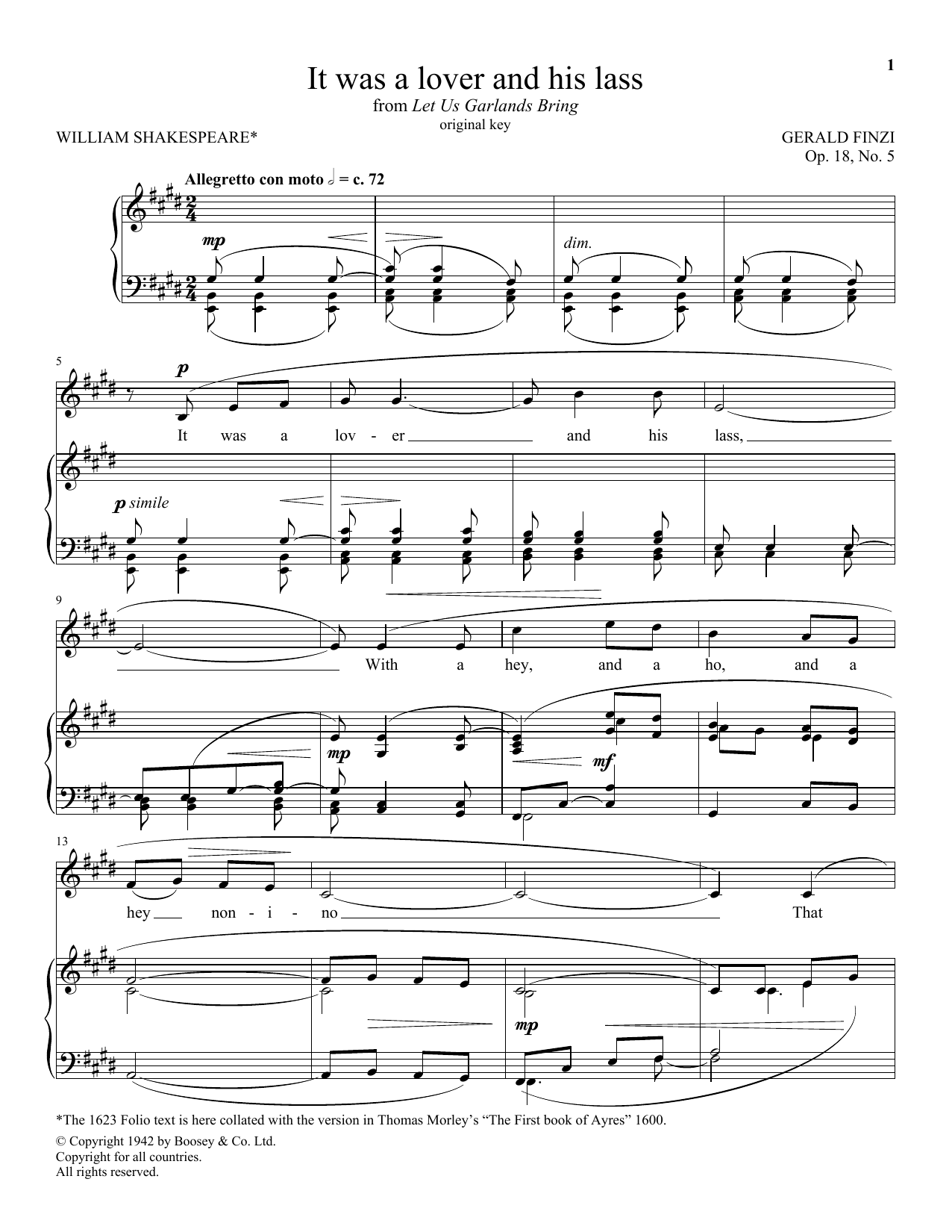 Gerald Finzi It Was A Lover And His Lass Sheet Music Notes & Chords for Piano & Vocal - Download or Print PDF