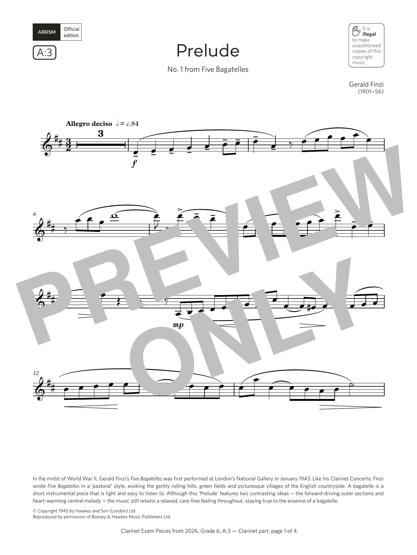 Gerald Finzi Prelude (Grade 6, list A3, from the ABRSM Clarinet Syllabus from 2026) Sheet Music Notes & Chords for Clarinet Solo - Download or Print PDF Gerald Finzi Prelude (Grade 6, list A3, from the ABRSM Clarinet Syllabus from 2026) Sheet Music Notes & Chords for Clarinet Solo - Download or Print PDF
