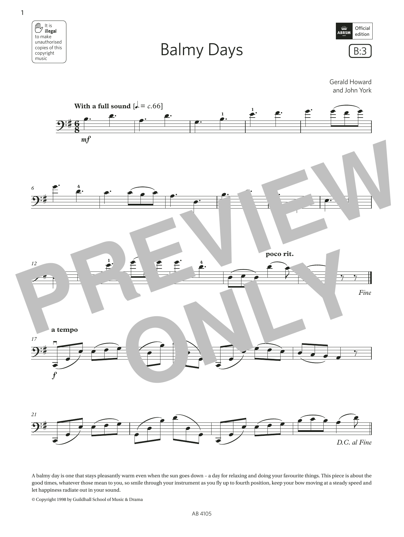 Gerald Howard & John York Balmy Days (Grade 2, B3, from the ABRSM Cello Syllabus from 2024) Sheet Music Notes & Chords for Cello Solo - Download or Print PDF