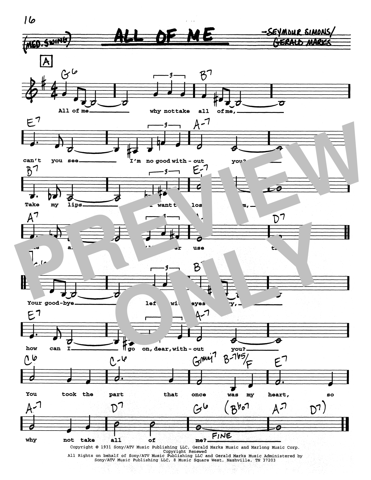 Gerald Marks All Of Me (Low Voice) Sheet Music Notes & Chords for Real Book – Melody, Lyrics & Chords - Download or Print PDF