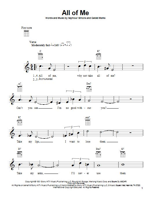 Gerald Marks All Of Me Sheet Music Notes & Chords for Ukulele - Download or Print PDF