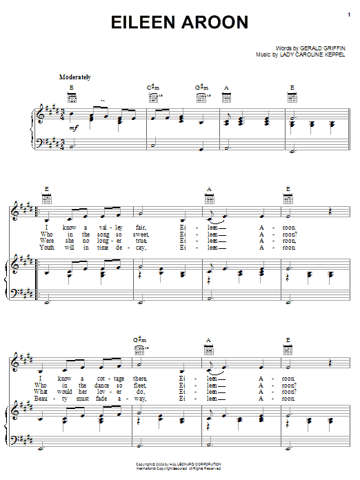 Preview Gerald Griffin Eileen Aroon World sheet music, notes and chords for Piano, Vocal & Guitar (Right-Hand Melody), SKU: 25916 Eileen Aroon sheet music