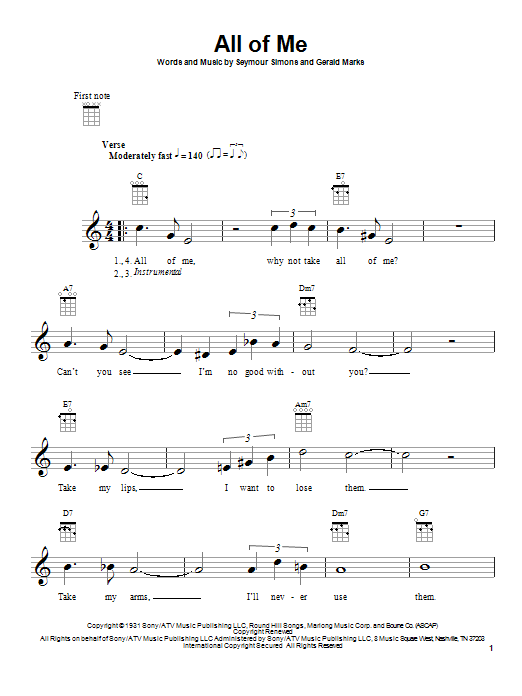 Preview Gerald Marks All Of Me Jazz sheet music, notes and chords for Banjo, SKU: 185469 All Of Me sheet music