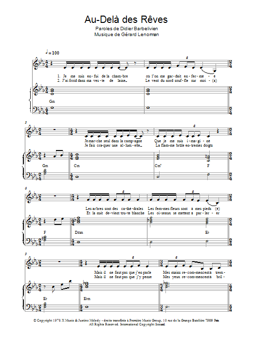 Gerard Lenorman Au Dela Des Reves Sheet Music Notes & Chords for Piano & Vocal - Download or Print PDF