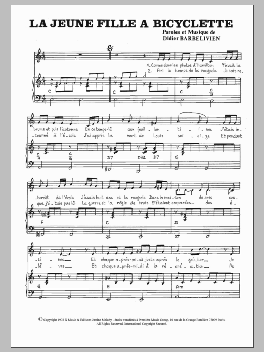 Gerard Lenorman La Jeune Fille A Bicyclette Sheet Music Notes & Chords for Piano & Vocal - Download or Print PDF