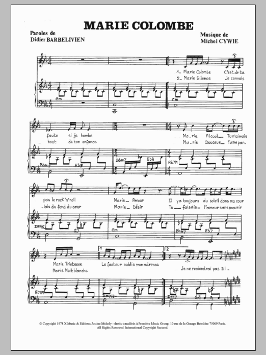 Gerard Lenorman Marie Colombe Sheet Music Notes & Chords for Piano & Vocal - Download or Print PDF