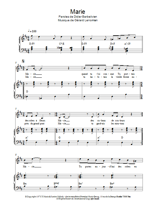 Gerard Lenorman Marie Sheet Music Notes & Chords for Piano & Vocal - Download or Print PDF