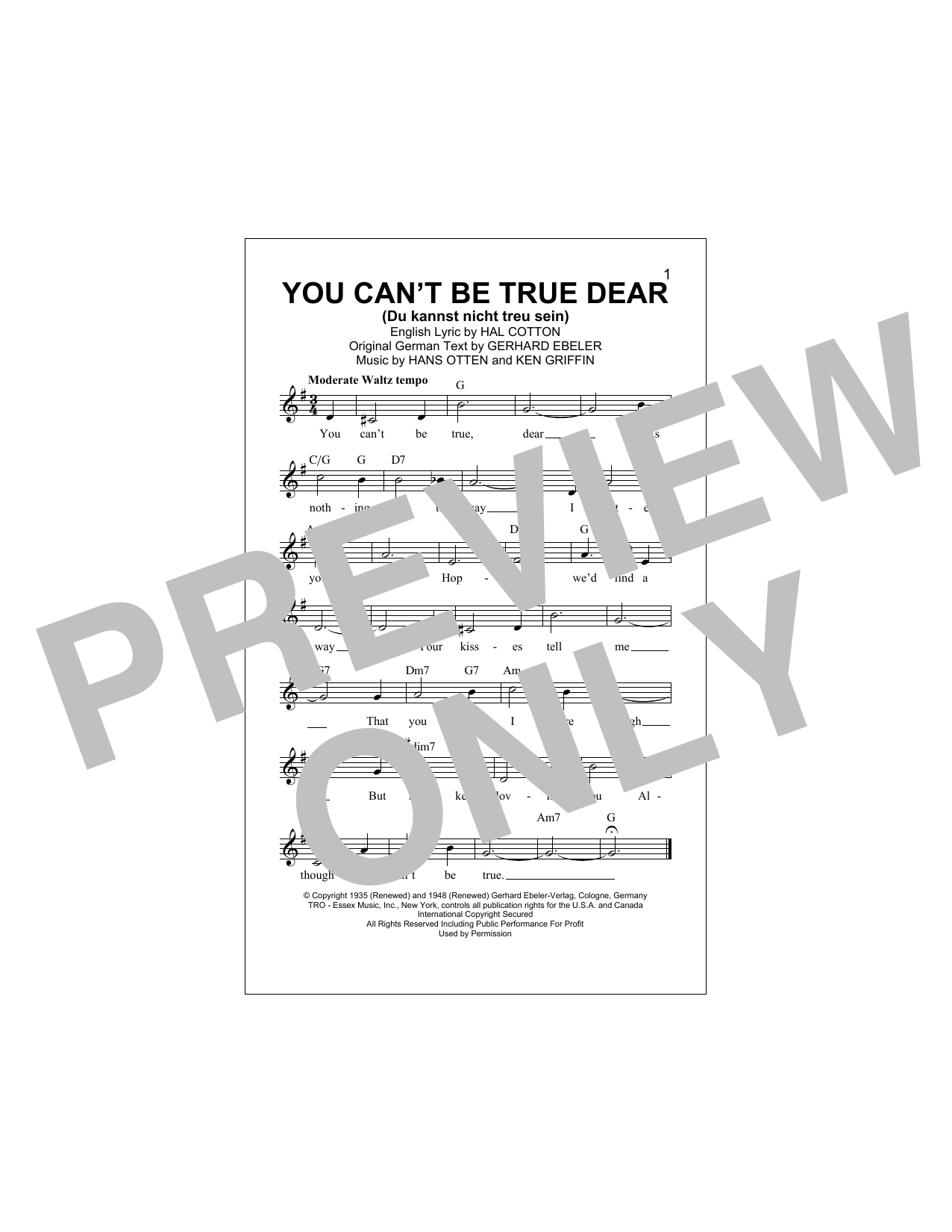 Gerhard Ebeler You Can't Be True Dear (Du Kannst Nicht Treu Sein) Sheet Music Notes & Chords for Melody Line, Lyrics & Chords - Download or Print PDF