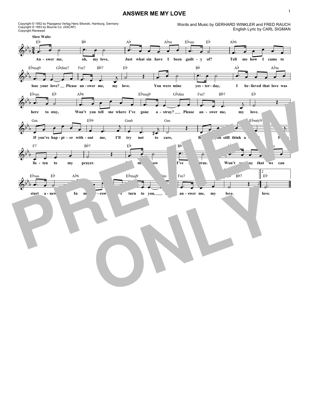 Gerhard Winkler Answer Me My Love Sheet Music Notes & Chords for Melody Line, Lyrics & Chords - Download or Print PDF