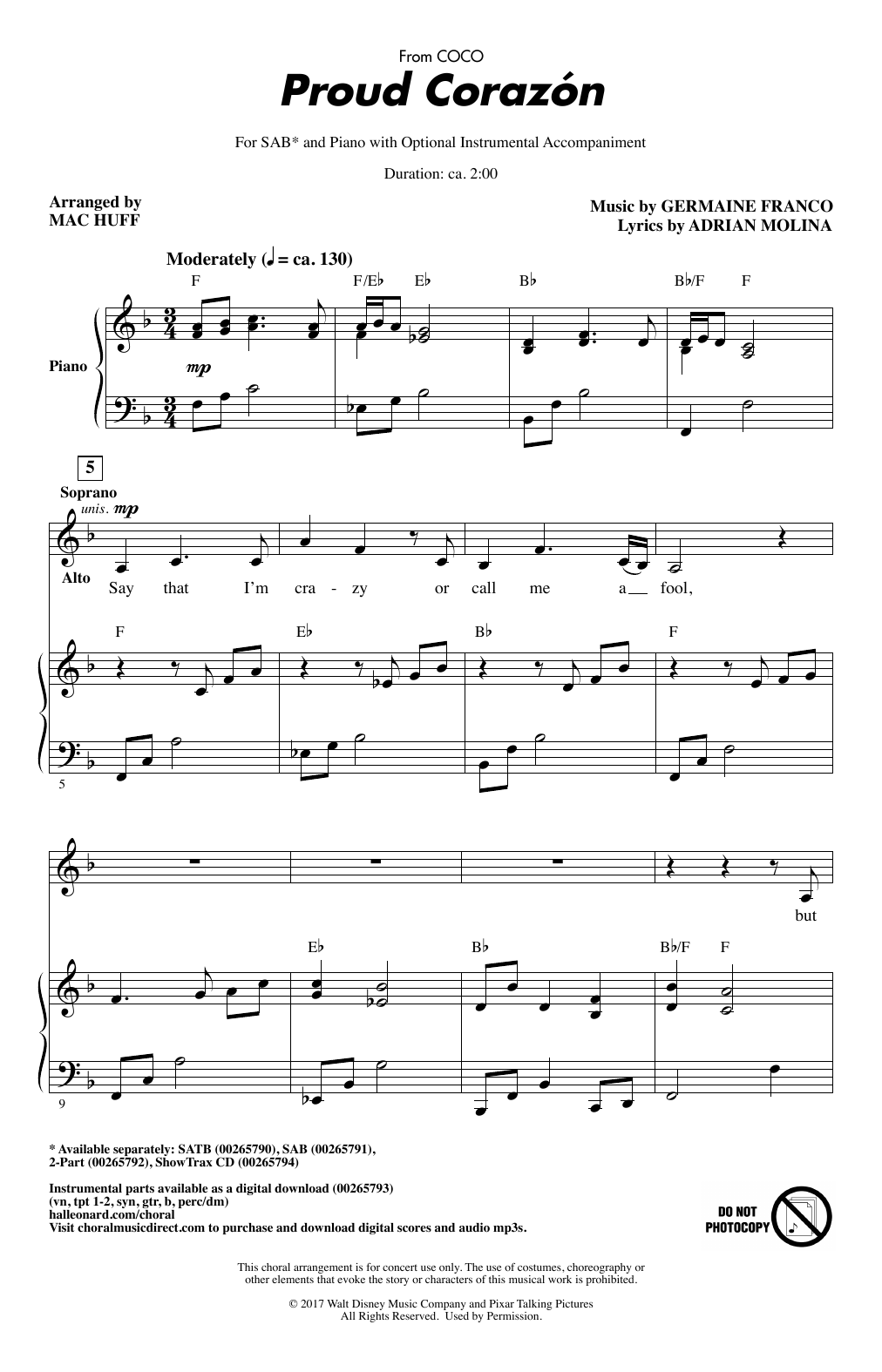 Germaine Franco & Adrian Molina Proud Corazon (from Coco) (arr. Mac Huff) Sheet Music Notes & Chords for SAB - Download or Print PDF