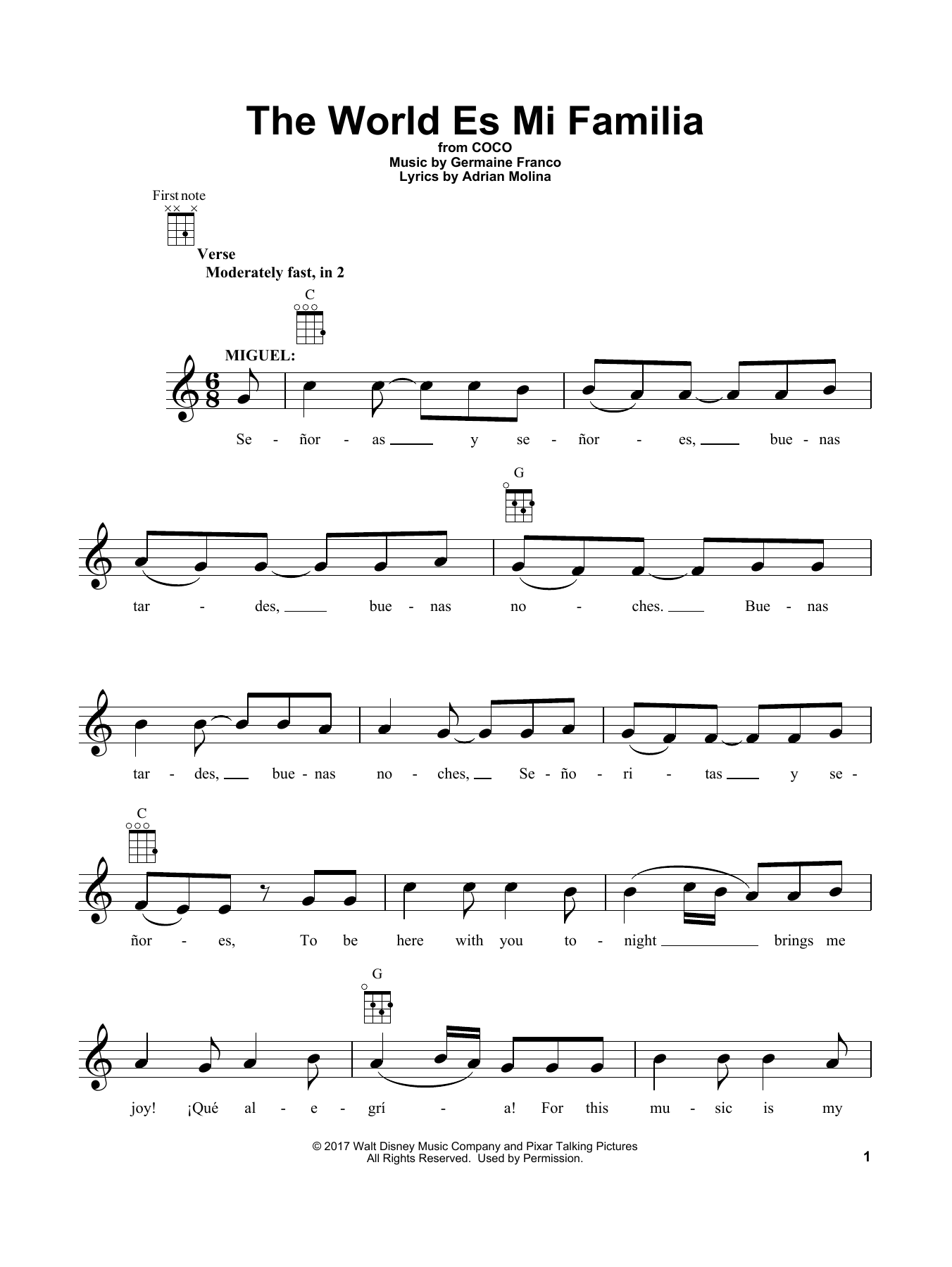 Germaine Franco & Adrian Molina The World Es Mi Familia (from Coco) Sheet Music Notes & Chords for Easy Guitar Tab - Download or Print PDF
