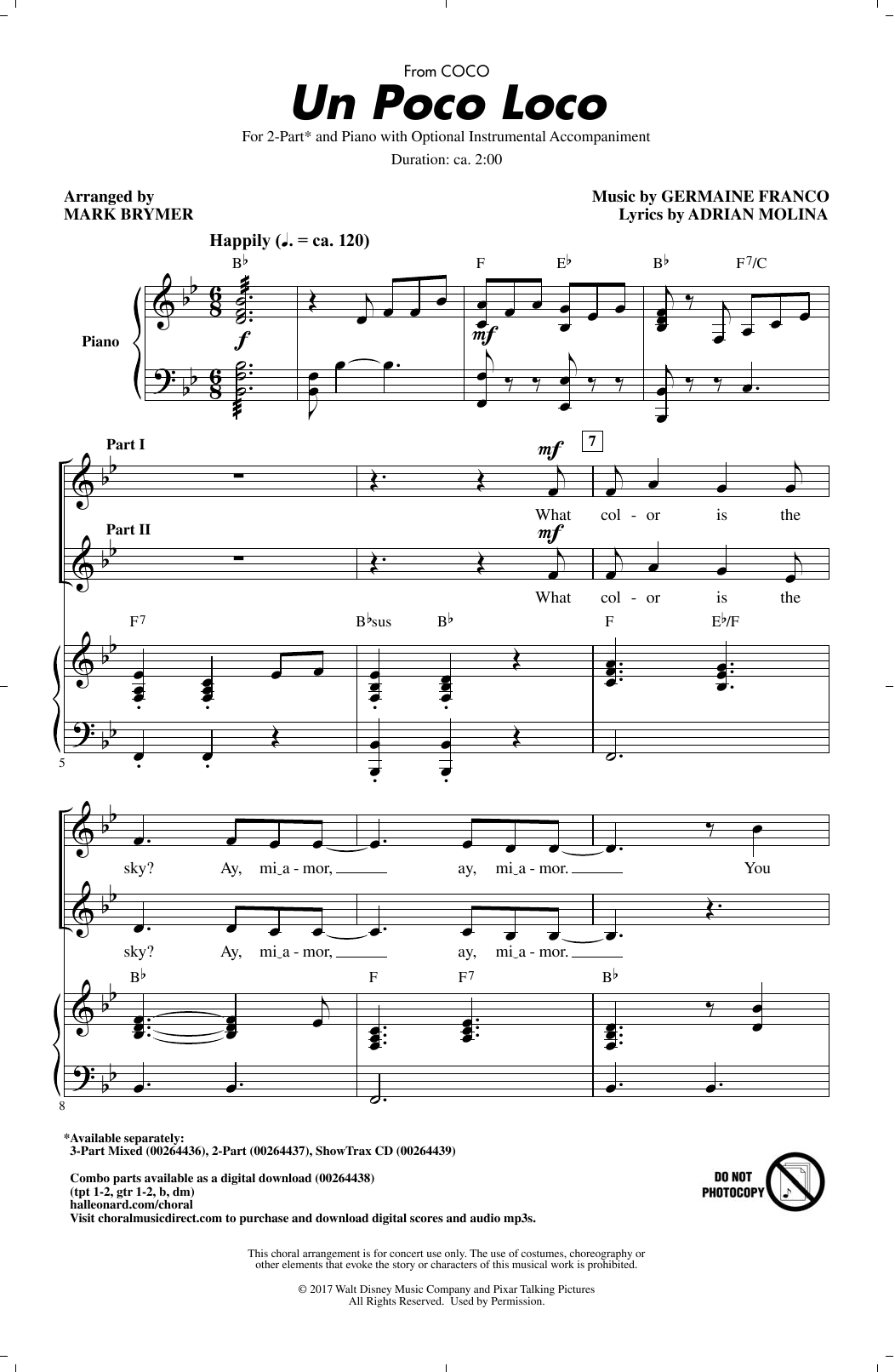 Germaine Franco & Adrian Molina Un Poco Loco (from Coco) (arr. Mark Brymer) Sheet Music Notes & Chords for 3-Part Mixed - Download or Print PDF