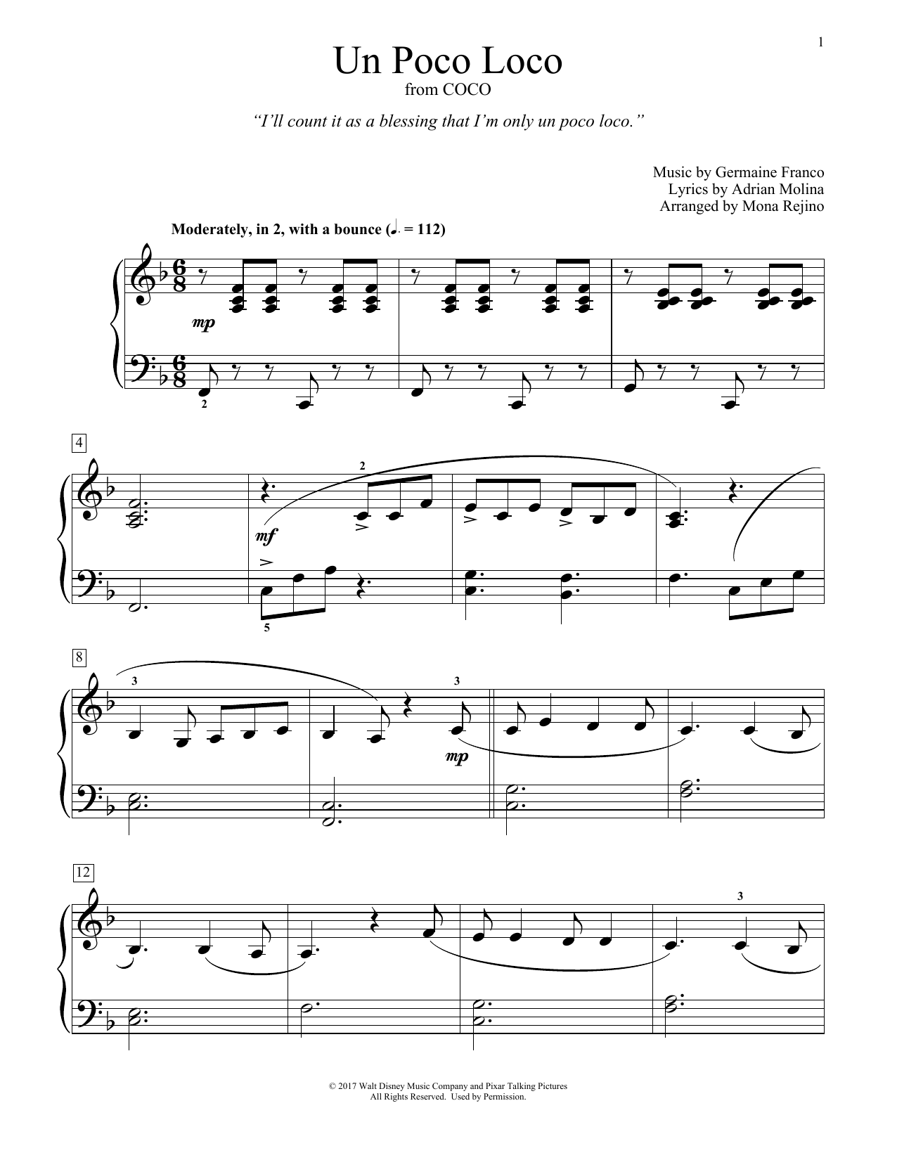 Germaine Franco & Adrian Molina Un Poco Loco (from Coco) (arr. Mona Rejino) Sheet Music Notes & Chords for Educational Piano - Download or Print PDF