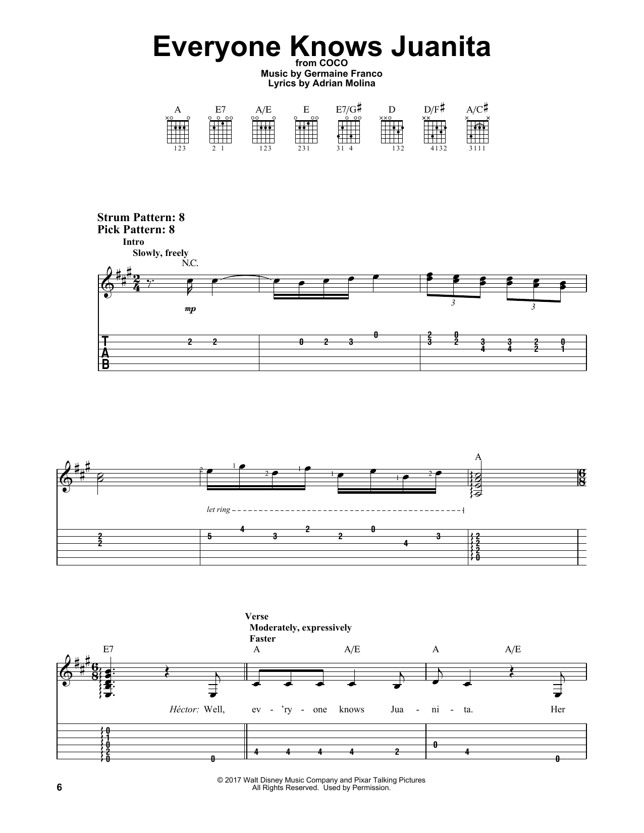 Germaine Franco & Adrian Molina Everyone Knows Juanita (from Coco) Sheet Music Notes & Chords for Easy Guitar Tab - Download or Print PDF