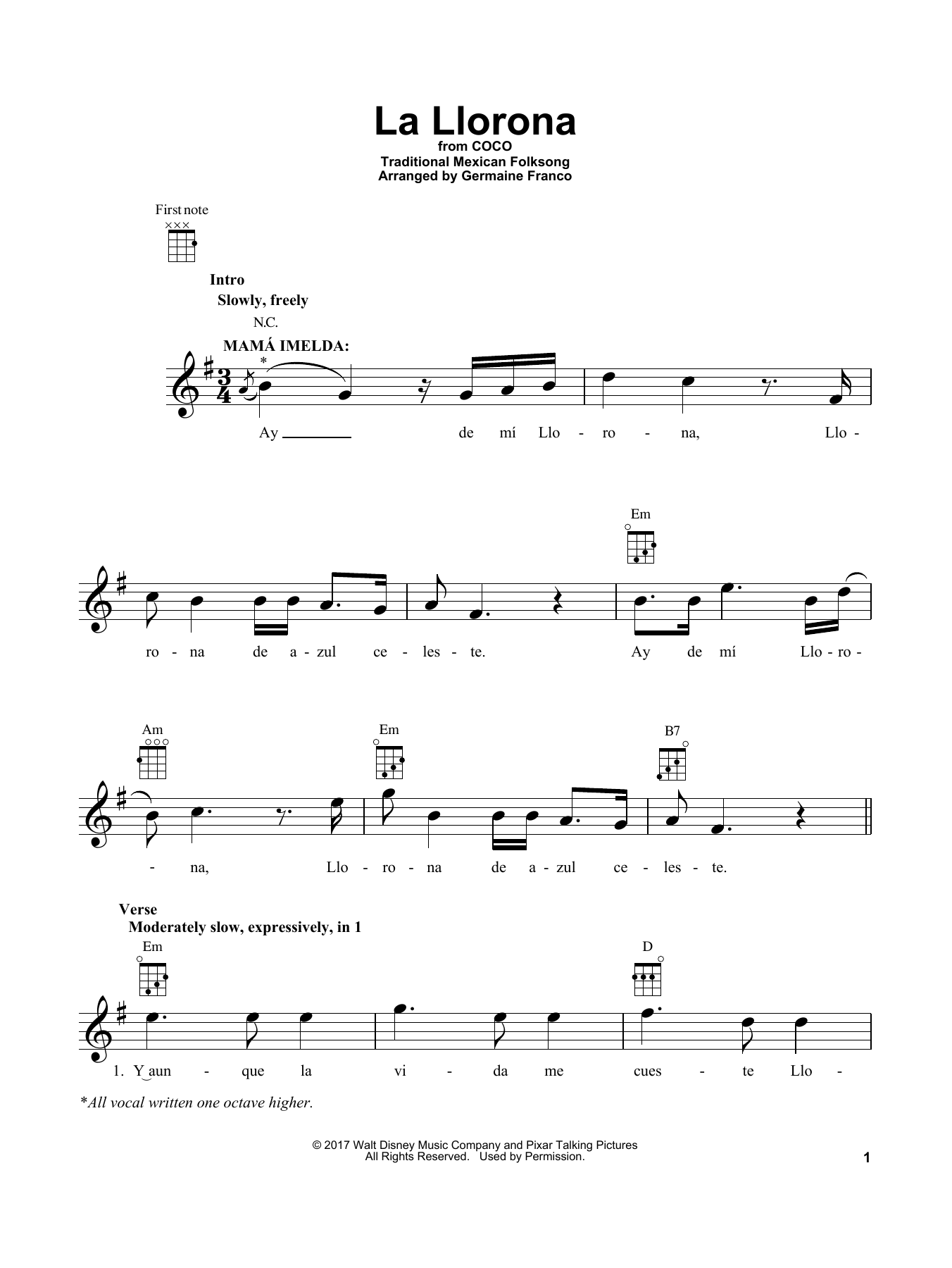 Germaine Franco La Llorona (from Coco) Sheet Music Notes & Chords for Ukulele - Download or Print PDF