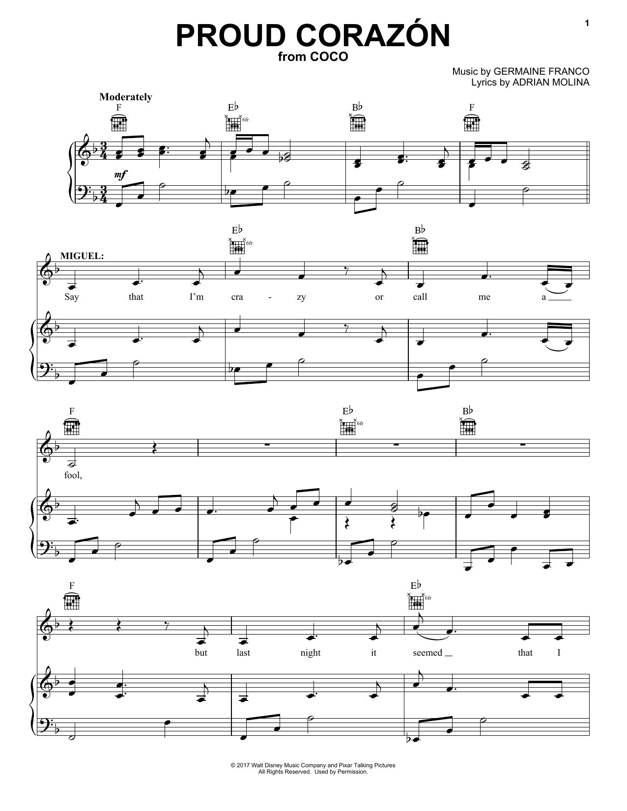 Germaine Franco & Adrian Molina Proud Corazon (from Coco) Sheet Music Notes & Chords for Piano, Vocal & Guitar (Right-Hand Melody) - Download or Print PDF