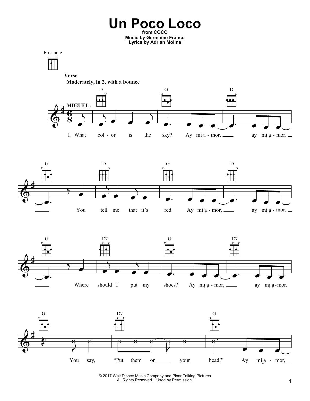 Germaine Franco & Adrian Molina Un Poco Loco (from Coco) Sheet Music Notes & Chords for Ukulele - Download or Print PDF