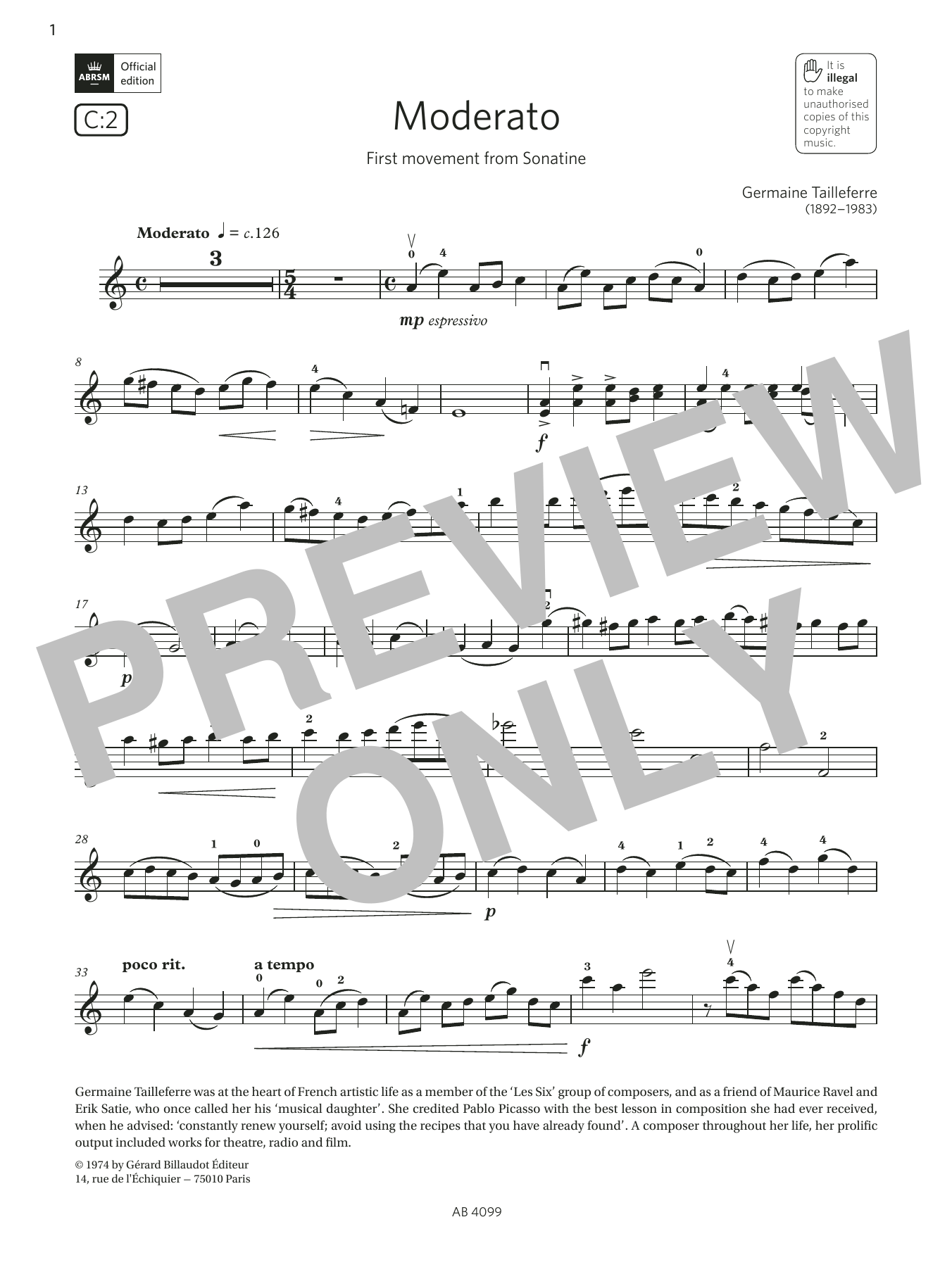 Germaine Tailleferre Moderato (Grade 5, C2, from the ABRSM Violin Syllabus from 2024) Sheet Music Notes & Chords for Violin Solo - Download or Print PDF