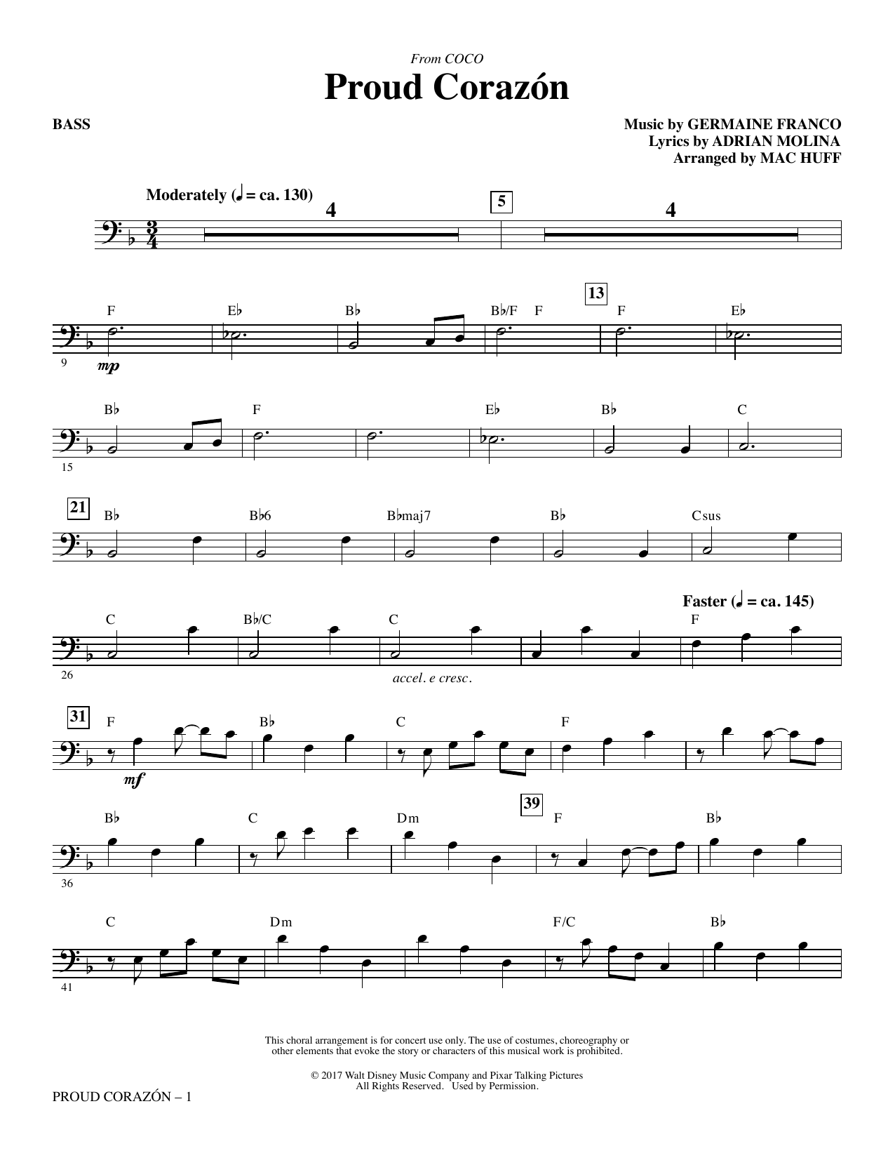 Germaine Franco Adrian Molina Proud Corazon From Coco Arr Mac Huff Bass Sheet Music Download Pdf Score