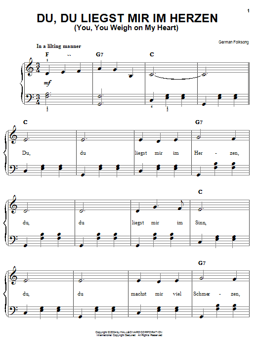 German Folk Song Du, Du Liegst Mir Im Herzen (You, You Weigh On My Heart) Sheet Music Notes & Chords for Easy Piano - Download or Print PDF