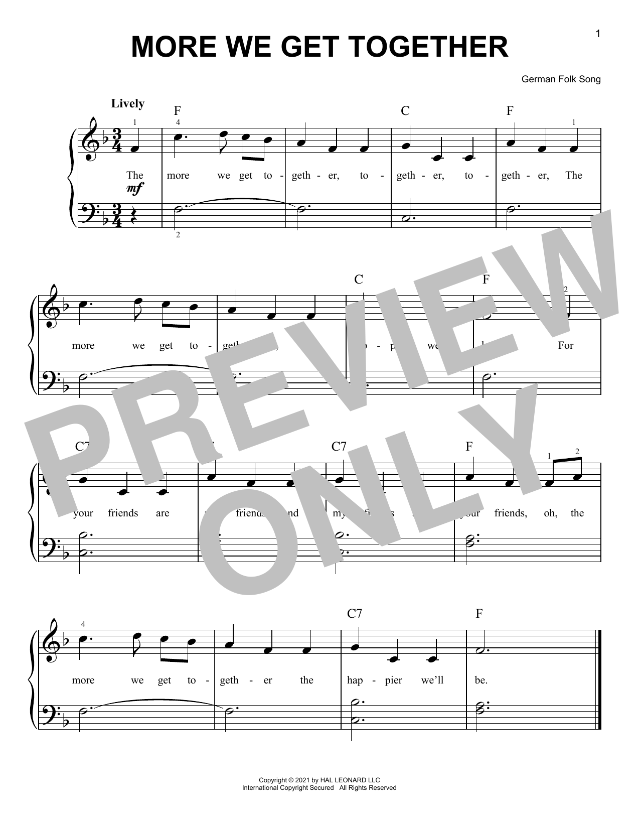 German Folk Song More We Get Together Sheet Music Notes & Chords for Easy Piano - Download or Print PDF