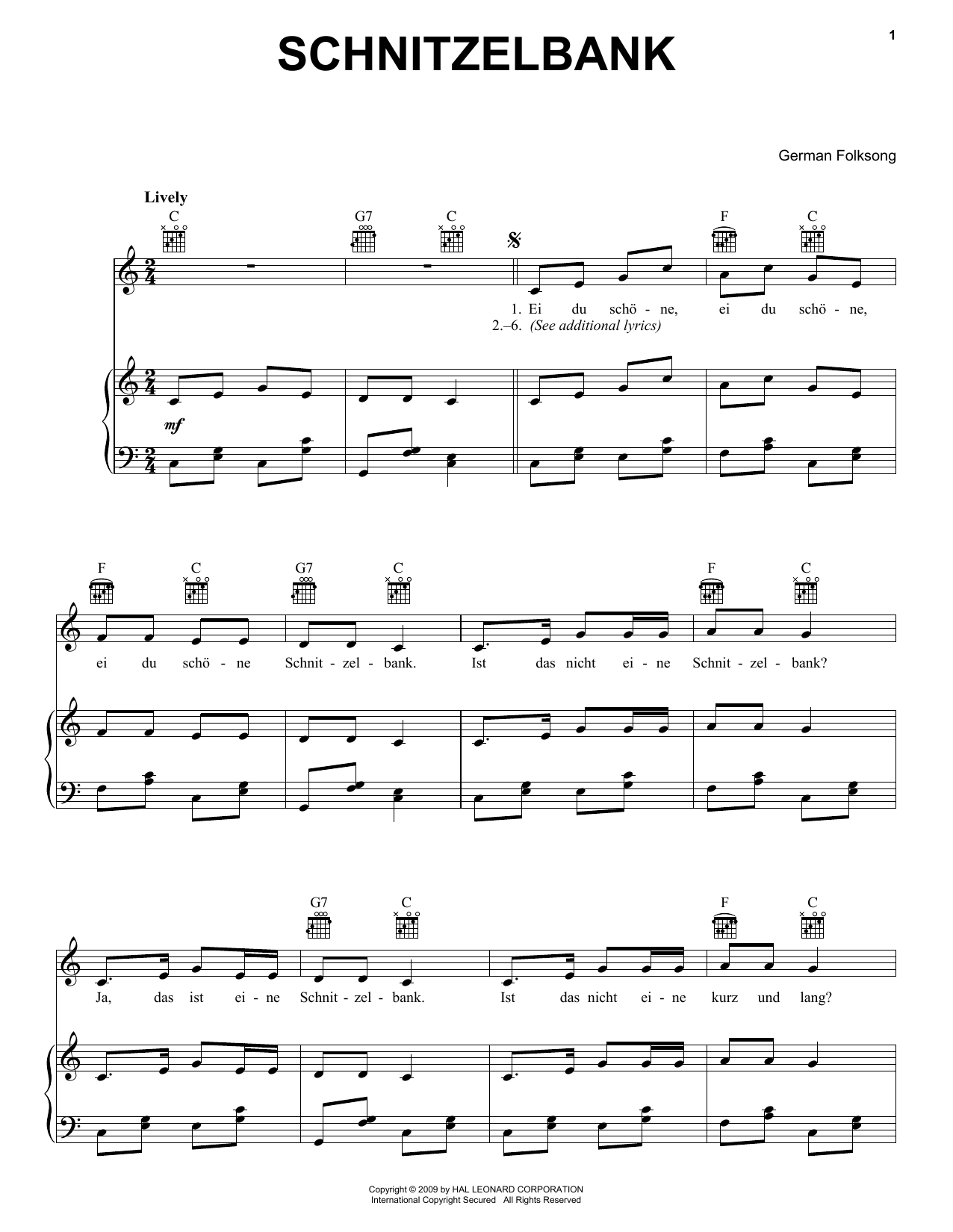 German Folk Song Schnitzelbank Sheet Music Notes & Chords for Piano, Vocal & Guitar (Right-Hand Melody) - Download or Print PDF