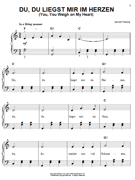 German Folksong Du, Du Liegst Mir Im Herzen (You, You Weigh On My Heart) Sheet Music Notes & Chords for Melody Line, Lyrics & Chords - Download or Print PDF