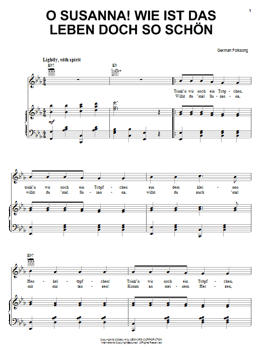 German Folksong O Susanna! Wie Ist Das Leben So Schon Sheet Music Notes & Chords for Piano, Vocal & Guitar (Right-Hand Melody) - Download or Print PDF