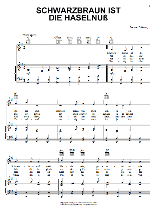 German Folksong Schwarzbraun Ist Die Haselnuss Sheet Music Notes & Chords for Piano, Vocal & Guitar (Right-Hand Melody) - Download or Print PDF