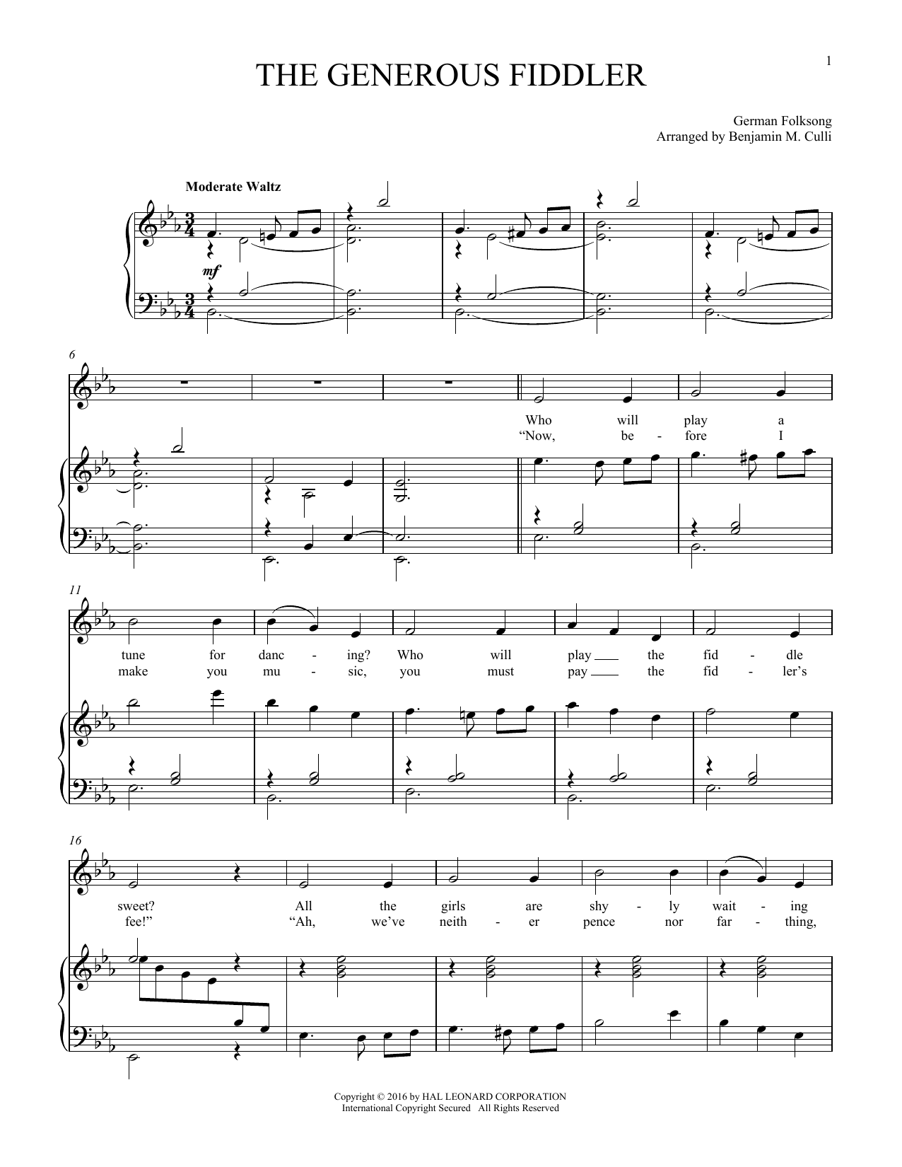 German Folksong The Generous Fiddler Sheet Music Notes & Chords for Piano & Vocal - Download or Print PDF