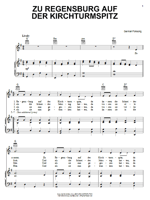 German Folksong Zu Regensburg Auf Der Kirchturmspitz Sheet Music Notes & Chords for Piano, Vocal & Guitar (Right-Hand Melody) - Download or Print PDF