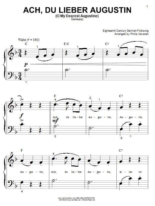 Preview German Folk Song Ach Du Lieber Augustin (O My Dearest Augustine) Folk sheet music, notes and chords for Piano (Big Notes), SKU: 68343 Ach Du Lieber Augustin (O My Dearest Augustine) sheet music