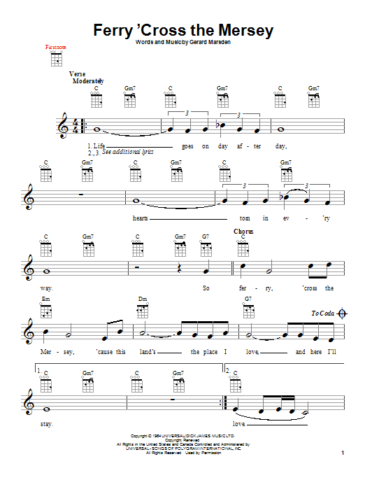 Gerry And The Pacemakers Ferry 'Cross The Mersey Sheet Music Notes & Chords for Ukulele - Download or Print PDF