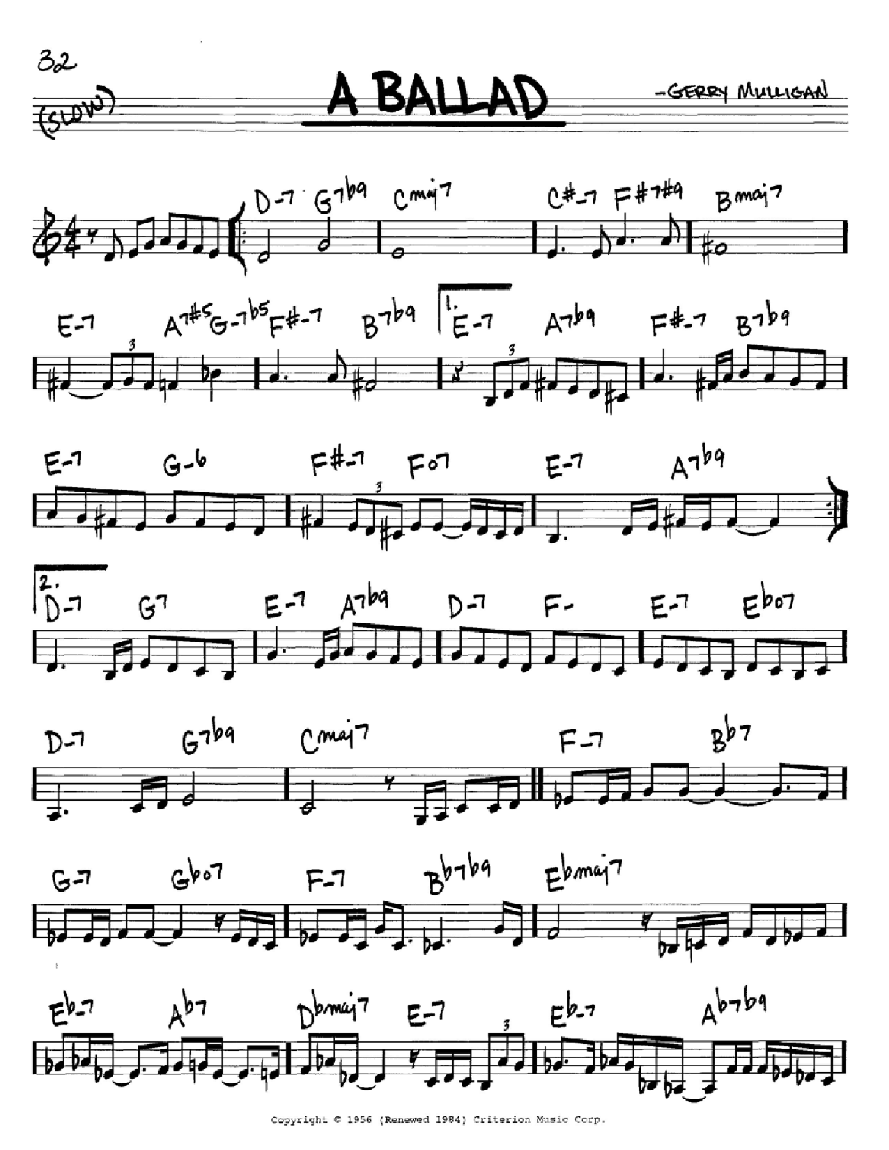 Gerry Mulligan A Ballad Sheet Music Notes & Chords for Baritone Sax Transcription - Download or Print PDF