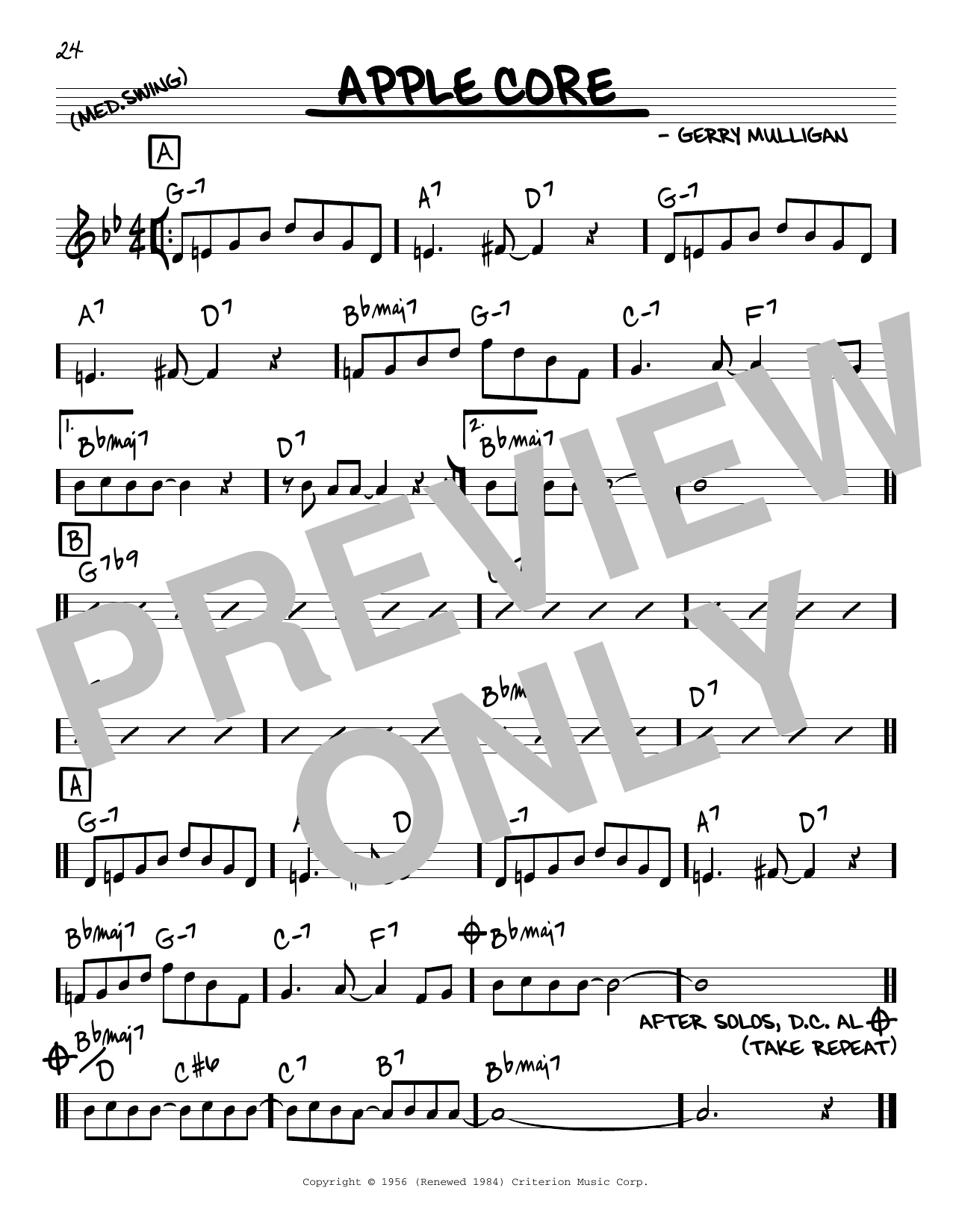 Gerry Mulligan Apple Core Sheet Music Notes & Chords for Real Book – Melody & Chords - Download or Print PDF