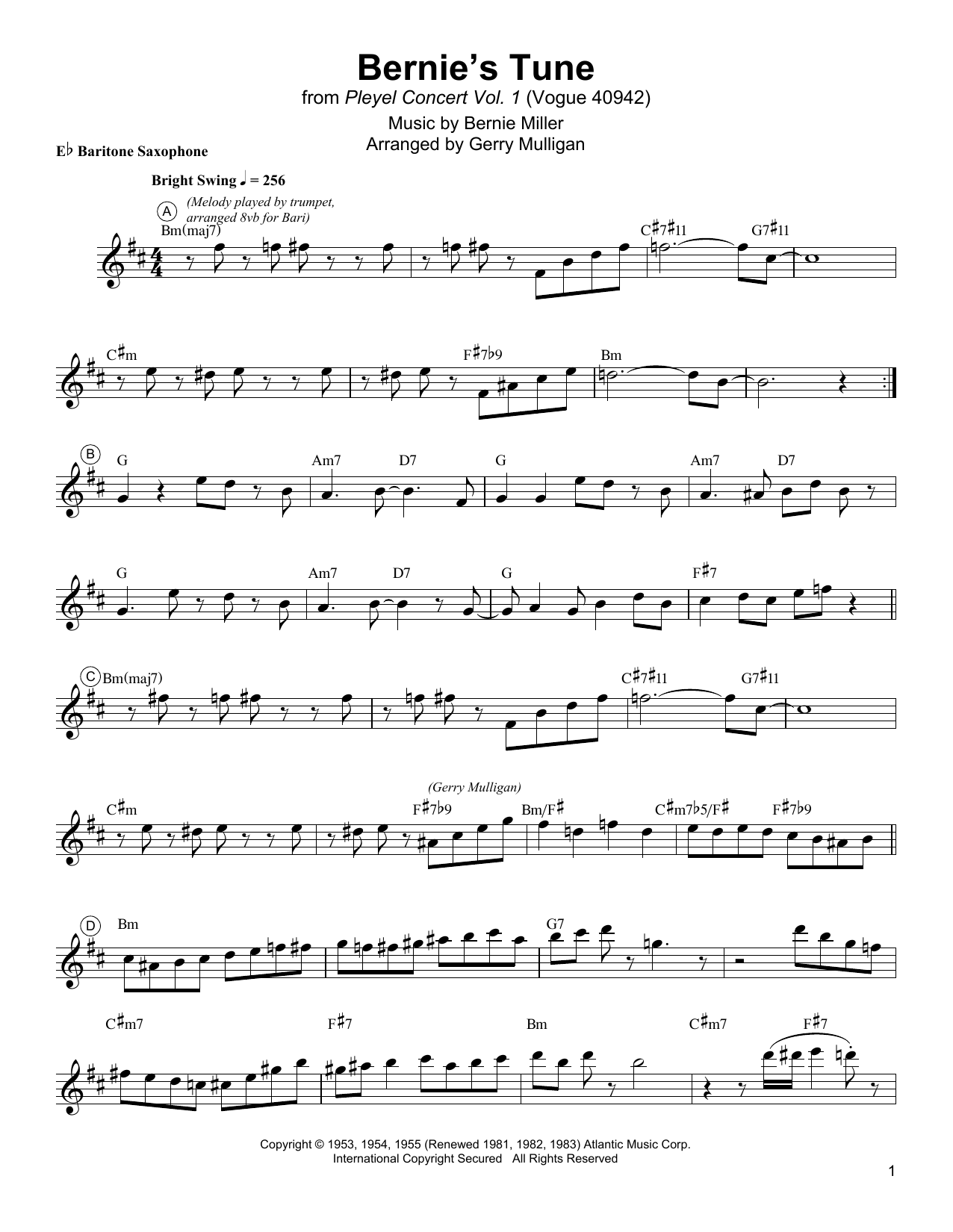 Gerry Mulligan Bernie's Tune Sheet Music Notes & Chords for Baritone Sax Transcription - Download or Print PDF