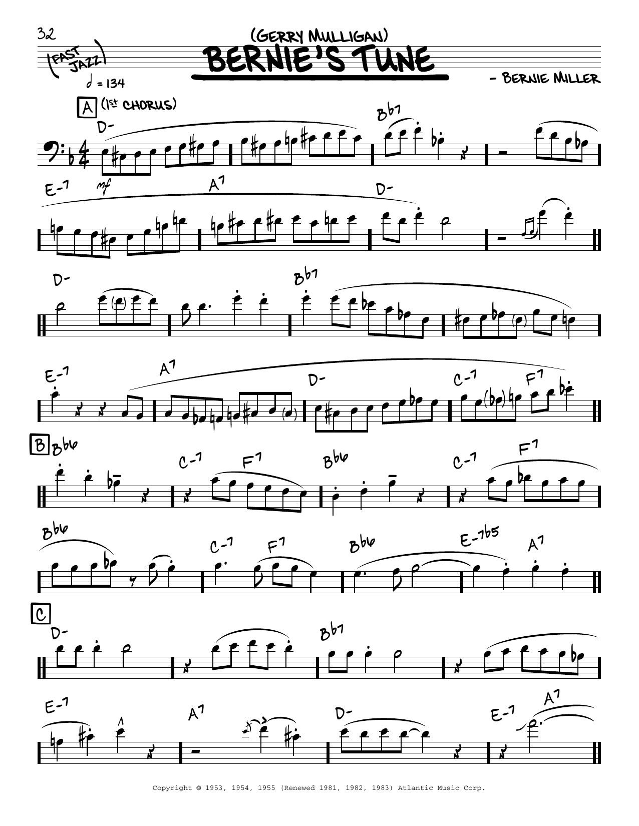 Gerry Mulligan Bernie's Tune (solo only) Sheet Music Notes & Chords for Real Book – Melody & Chords - Download or Print PDF