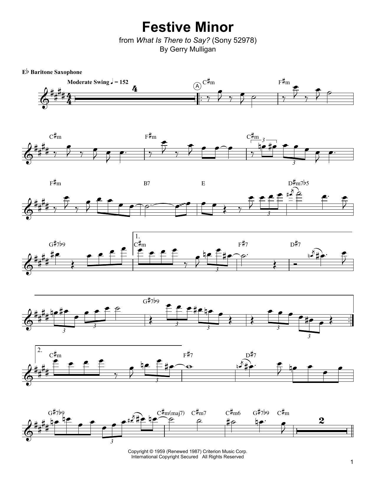 Gerry Mulligan Festive Minor Sheet Music Notes & Chords for Baritone Sax Transcription - Download or Print PDF