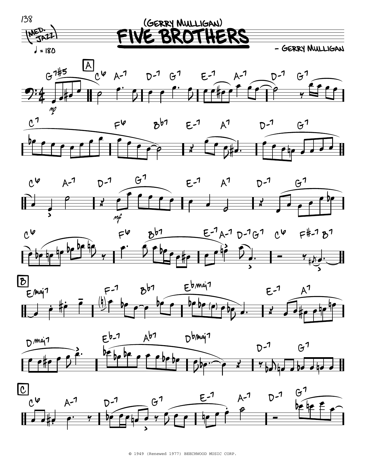Gerry Mulligan Five Brothers (solo only) Sheet Music Notes & Chords for Real Book – Melody & Chords - Download or Print PDF