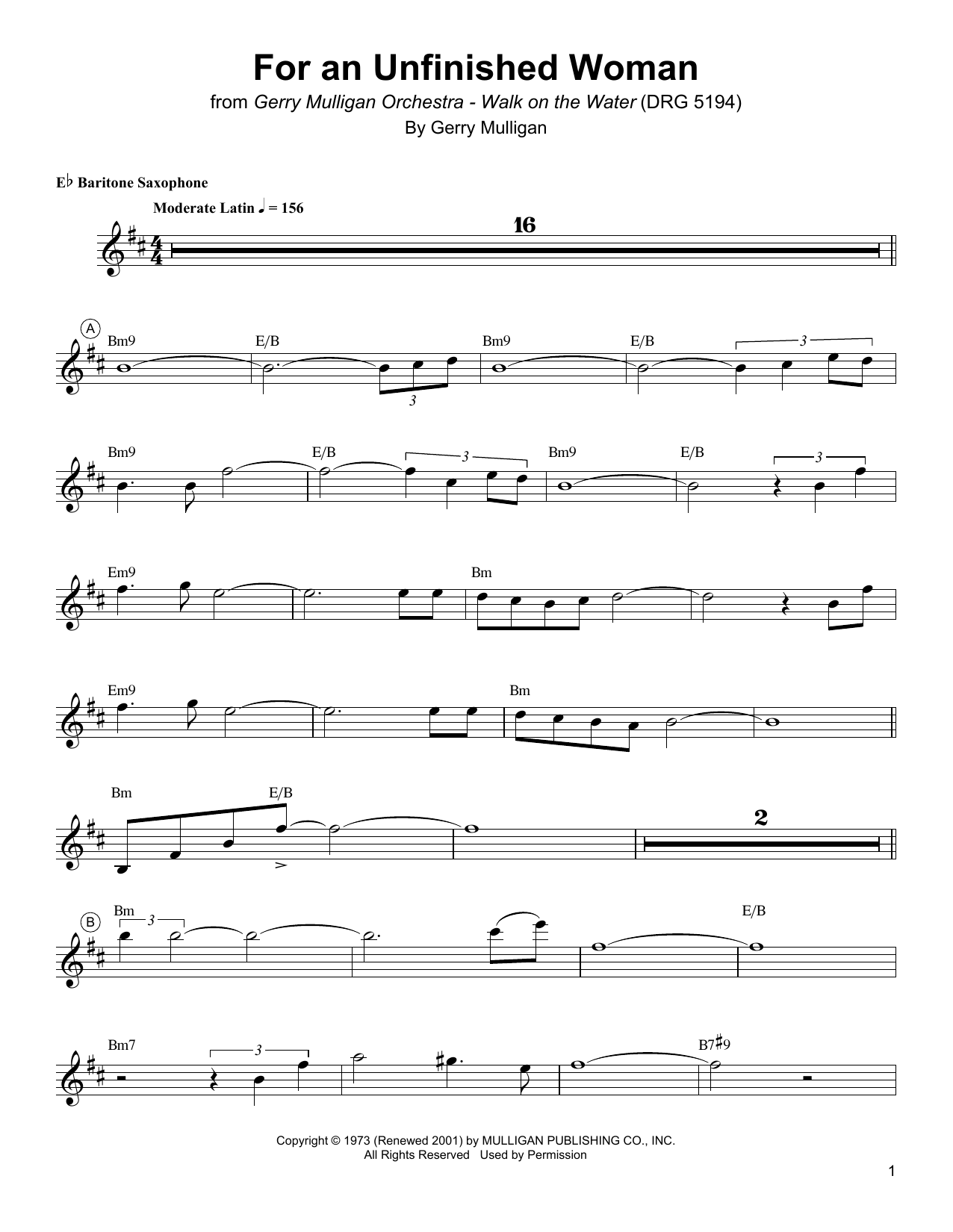 Gerry Mulligan For An Unfinished Woman Sheet Music Notes & Chords for Baritone Sax Transcription - Download or Print PDF