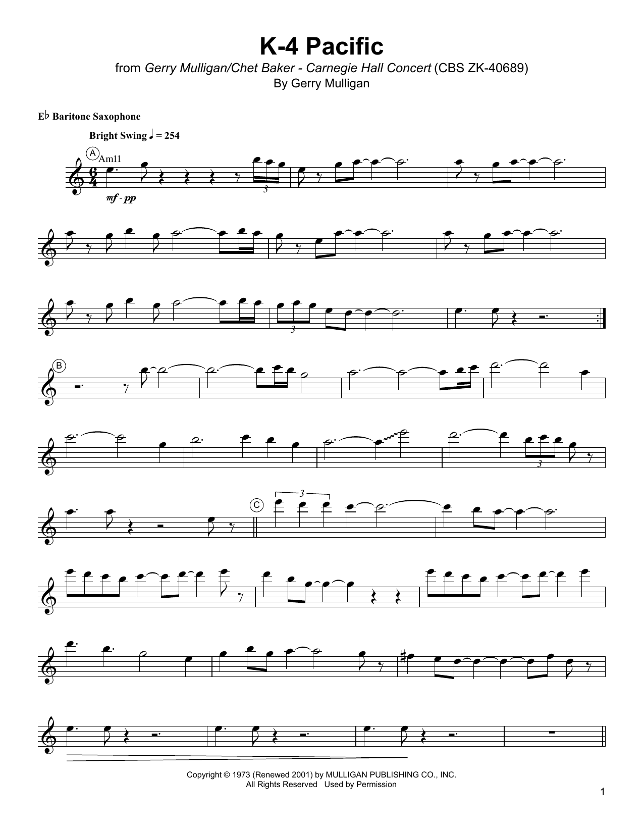 Gerry Mulligan K-4 Pacific Sheet Music Notes & Chords for Baritone Sax Transcription - Download or Print PDF