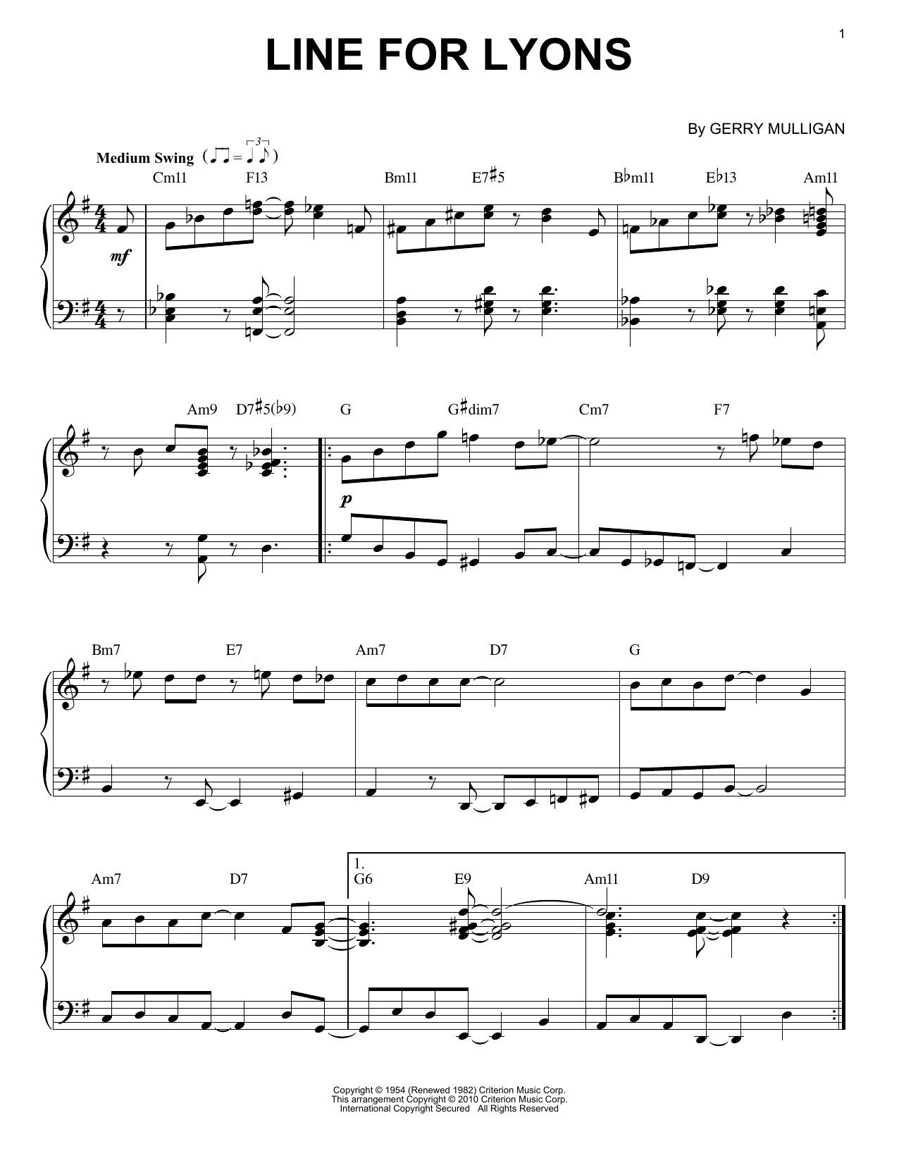 Gerry Mulligan Line For Lyons (arr. Brent Edstrom) Sheet Music Notes & Chords for Piano - Download or Print PDF