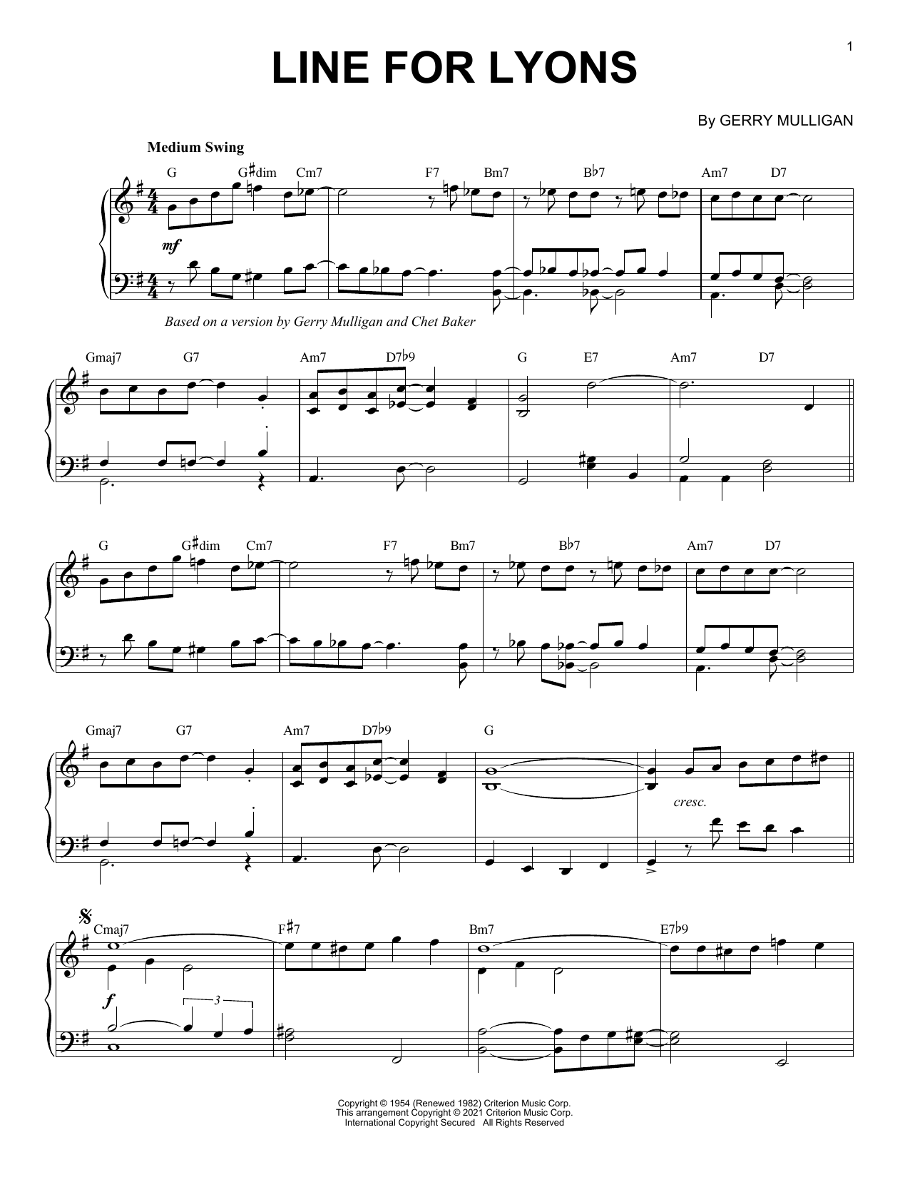 Gerry Mulligan Line For Lyons [Jazz version] (arr. Brent Edstrom) Sheet Music Notes & Chords for Piano Solo - Download or Print PDF