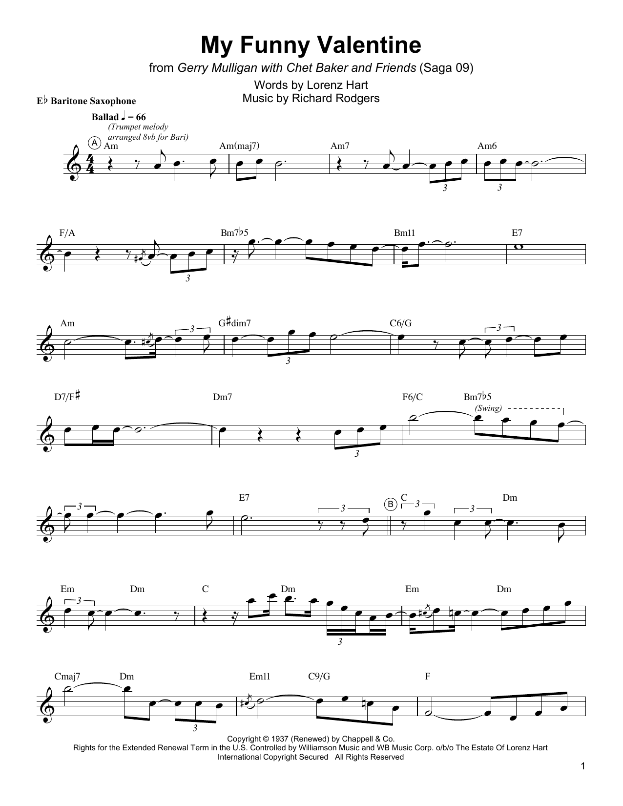Gerry Mulligan My Funny Valentine Sheet Music Notes & Chords for Baritone Sax Transcription - Download or Print PDF