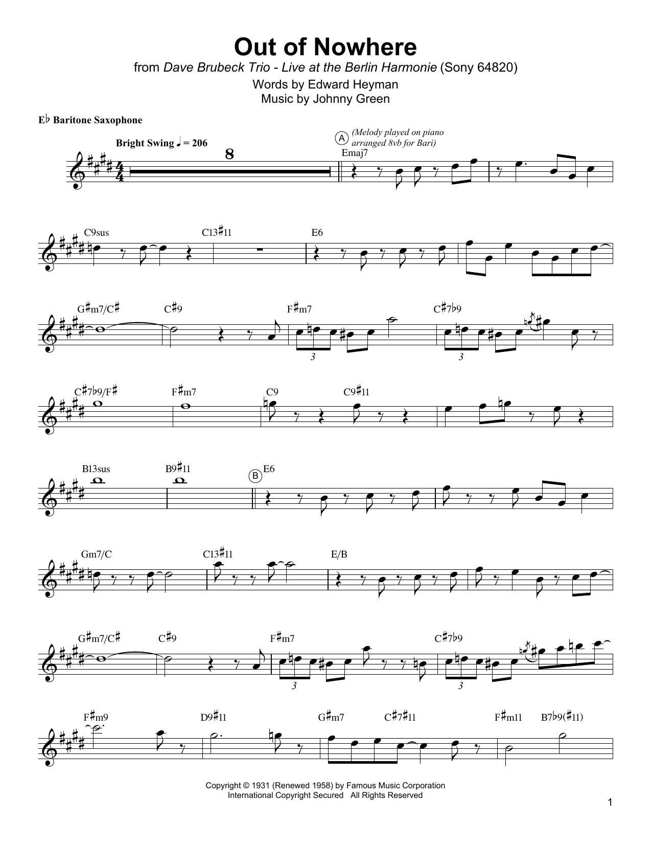 Gerry Mulligan Out Of Nowhere Sheet Music Notes & Chords for Baritone Sax Transcription - Download or Print PDF
