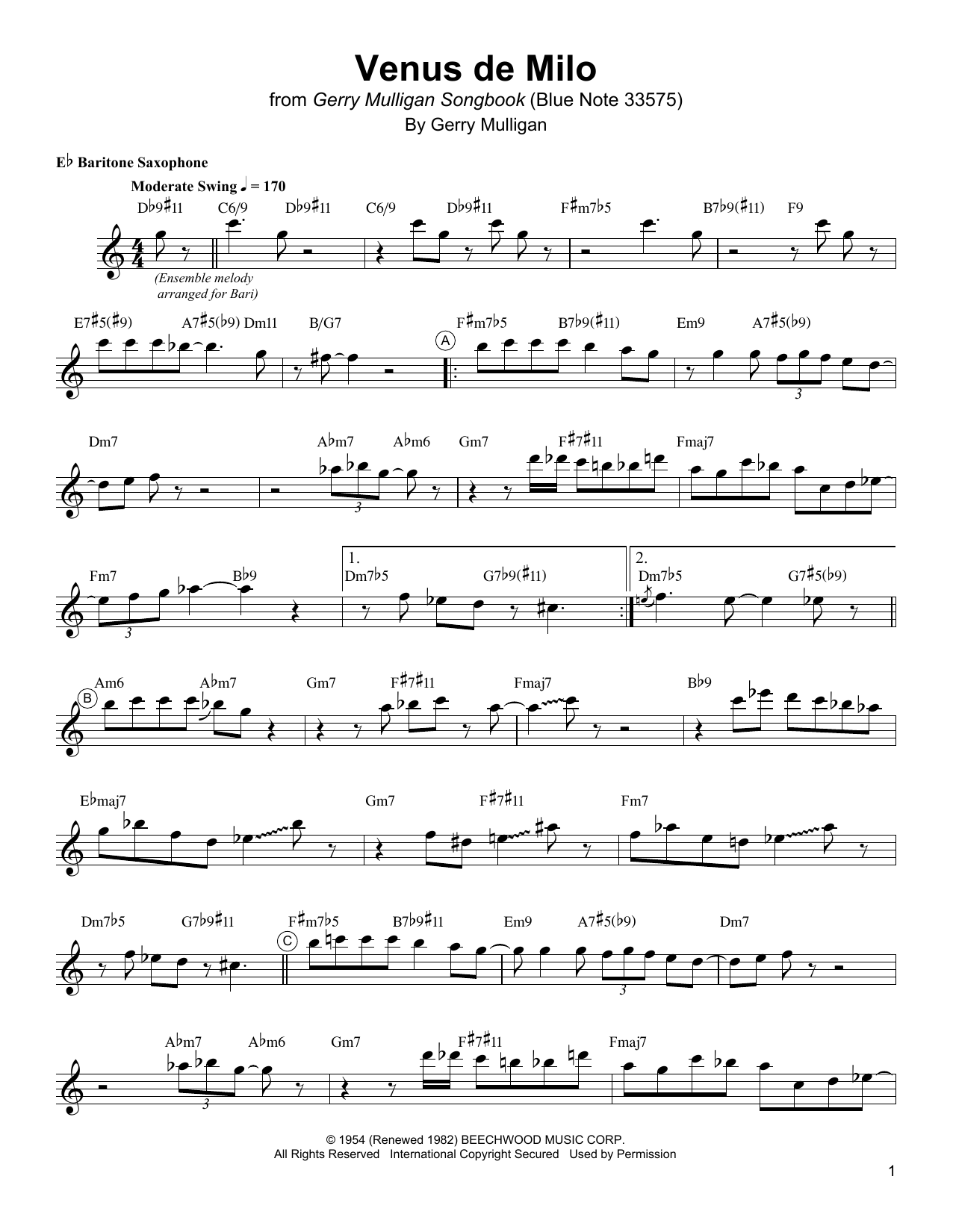 Gerry Mulligan Venus De Milo Sheet Music Notes & Chords for Baritone Sax Transcription - Download or Print PDF