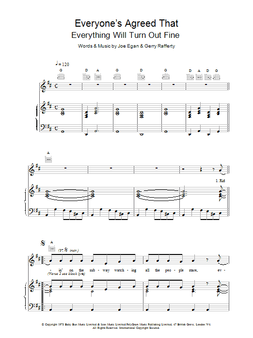 Gerry Rafferty Everyone's Agreed That Everything Will Turn Out Fine Sheet Music Notes & Chords for Piano, Vocal & Guitar (Right-Hand Melody) - Download or Print PDF